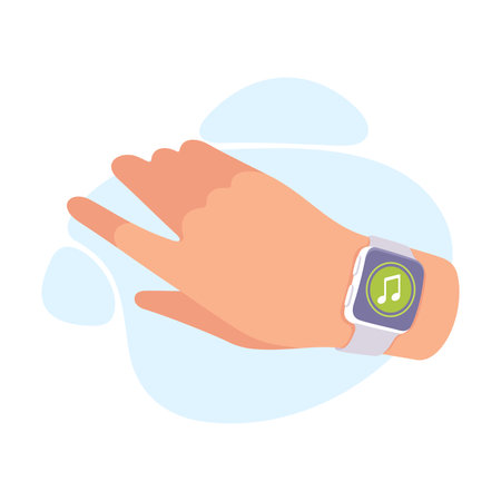 Hand with Smartwatch on Wrist and Music App on Screen Vector Illustrationのイラスト素材