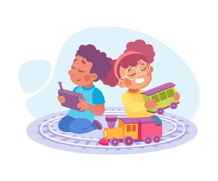 Happy Boy and Girl Playing Game with Train Toy Having Fun Vector Illustrationのイラスト素材