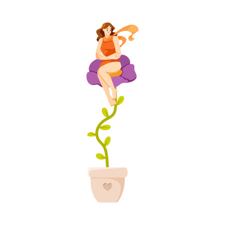 Happy Girl Sit on Top of Flower Growing on Stem in Pot Vector Illustrationのイラスト素材