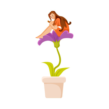 Happy Girl Sit on Top of Flower Growing on Stem in Pot Vector Illustrationのイラスト素材