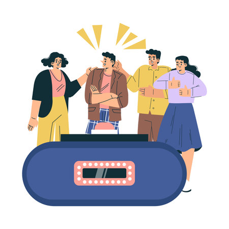 Quiz Game with Young Man and Woman Participant at Button Stand Vector Illustrationのイラスト素材