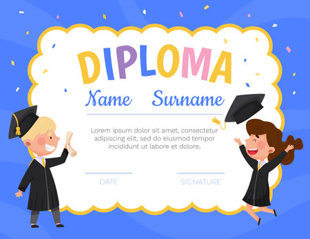 Happy Boy and Girl in Graduation Gown and Cap at Certificate Design Vector Templateのイラスト素材