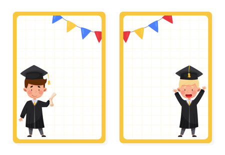 Happy Boy in Graduation Gown and Cap Near Empty Banner Vector Templateのイラスト素材