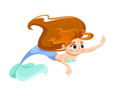 Little Girl Mermaid with Fish Tail and Wavy Hair Vector Illustrationのイラスト素材