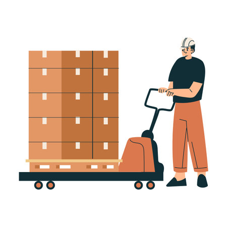 Logistics Service Man Worker Character in Orange Uniform with Forklift Vector Illustrationのイラスト素材