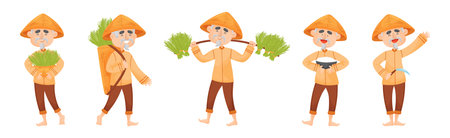 Chinese Farmer in Conical Hat Planting and Gathering Rice Vector Setのイラスト素材
