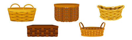 Wicker Basket as Handmade Straw Container with Handle Vector Setのイラスト素材
