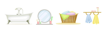 Bathroom Object with Mirror, Bathtub, Laundry Basket and Towel Vector Setのイラスト素材