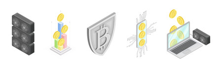 Cryptocurrency Mining Blockchain with Bitcoin Isometric Vector Setのイラスト素材