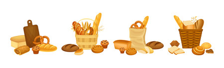 Fresh Baked Food with Bread Loaf and Buns Vector Setのイラスト素材
