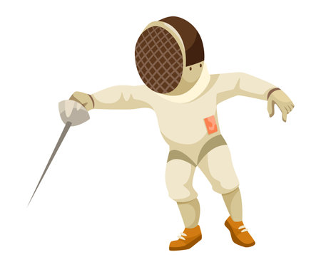 Happy Boy Character Fencing in Helmet Do Sport and Physical Body Training Vector Illustrationのイラスト素材