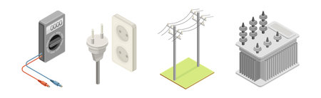 Electric Power and Energy Objects Isometric Vector Setのイラスト素材