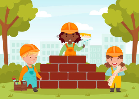 Boy and Girl Builder Character in Helmet and Uniform Vector Illustrationのイラスト素材