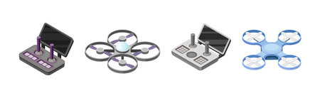 Drone and Flying Quadcopter as Unmanned Aerial Vehicle with Remote Controller Isometric Vector Set