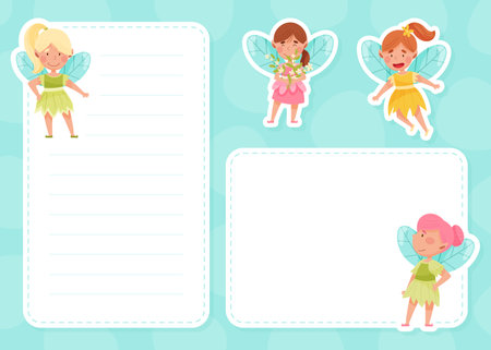 Little Girl Fairy with Wings on Empty Note and Reminder Card Vector Templateのイラスト素材