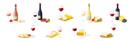 Wine Bottle with Glass Served with Cheese and Fruit Vector Setのイラスト素材