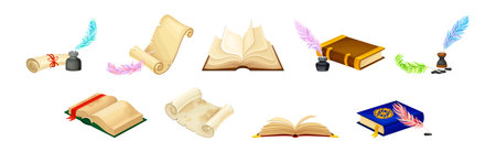 Old Book in Hard Cover with Pages and Scroll Vector Setのイラスト素材