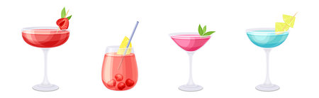 Bright Cocktail Drink Poured in Glass with Straw Vector Setのイラスト素材