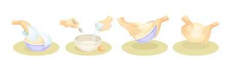 Hands Kneading Dough Do Homemade Bakery Vector Setのイラスト素材