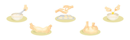 Hands Kneading Dough Do Homemade Bakery Vector Setのイラスト素材