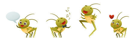 Cute Little Grasshopper Engaged in Various Activity Vector Setのイラスト素材