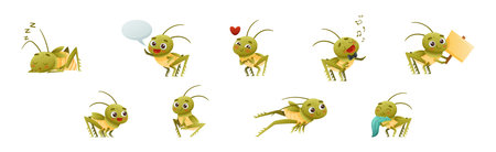 Cute Little Grasshopper Engaged in Various Activity Vector Setのイラスト素材