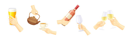 Hand Holding Drink and Different Beverage Vector Setのイラスト素材