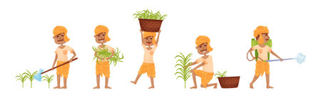 Man Asian Farmer Working on Field Vector Setのイラスト素材