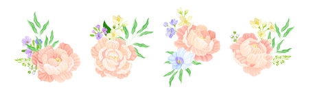 Colorful Peony Flower Buds with Showy Petals Vector Setのイラスト素材