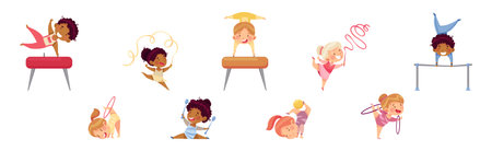 Little Boy and Girl Doing Gymnastics Vector Setのイラスト素材