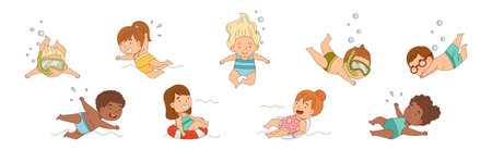 Children Swimming and Floating in Water Vector Setのイラスト素材