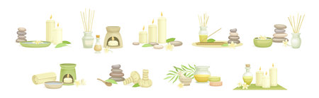 Spa and Aromatherapy Relax Procedure and Treatment Object Vector Setのイラスト素材
