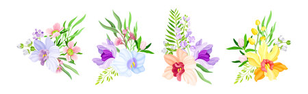 Exotic Bouquet of Orchid and Blooming Twig Vector Setのイラスト素材