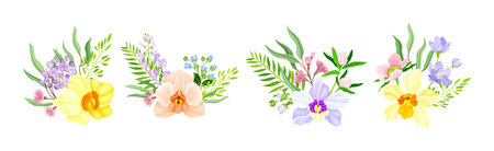 Exotic Bouquet of Orchid and Blooming Twig Vector Setのイラスト素材