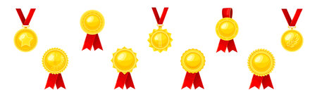 Golden Award or Distinction with Red Silk Ribbon as Token of Recognition of Excellence Vector Setのイラスト素材