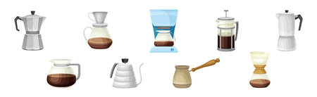 Coffee Brewing with Coffeemaker and Jezve as Cafe Cooking Appliance Vector Setのイラスト素材