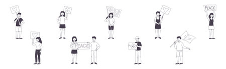 People Character Partaking in Demonstration for Love and Peace with Placard Vector Setのイラスト素材