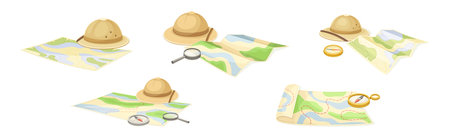 Expedition Map Depicting Geography and Route of Tourist Journey Vector Setのイラスト素材