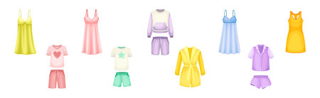 Sleepwear and Pajamas Fashion Home Cozy Clothes Vector Setのイラスト素材