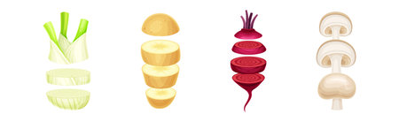 Sliced Vegetable Vertical with Cut Pieces Vector Setのイラスト素材