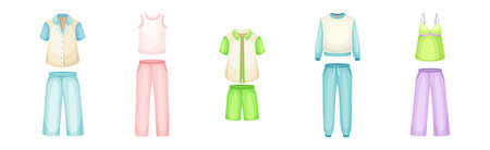 Sleepwear and Pajamas Fashion Home Cozy Clothes Vector Setのイラスト素材