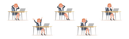Young Office Woman Sitting at Desk with Laptop Engaged in Workflow Vector Set.のイラスト素材