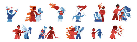 Aggressor and Victim with Suffering and Blaming Man and Woman Vector Illustration Setのイラスト素材