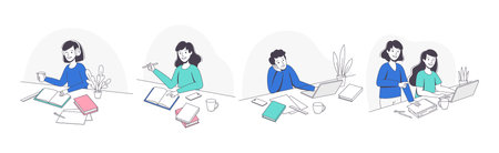 School Pupil Doing Homework Sitting at Desk with Book and Copybook Studying Vector Setのイラスト素材