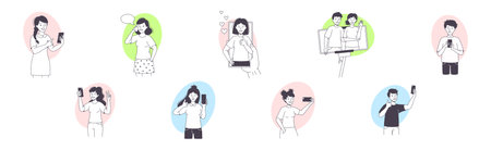 Man and Woman Blogger Character with Smartphone Making Internet Content Vector Set