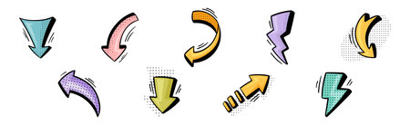 Arrow and Lightning Flash with Pointed End Doodle Style Element Vector Setのイラスト素材