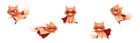 Ginger Cat Superhero Character Wearing Red Cloak and Mask Vector Setのイラスト素材