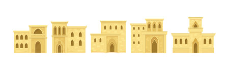 Arabic Architecture and Building with Arch Window Geometric Ornament Vector Setのイラスト素材