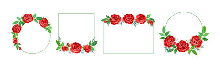 Rose Frame with Red Lush Bud and Green Leaves Arranged in Shape with Border Vector Setのイラスト素材