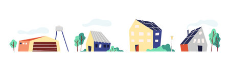 Various Small House with Green Tree Vector Setのイラスト素材